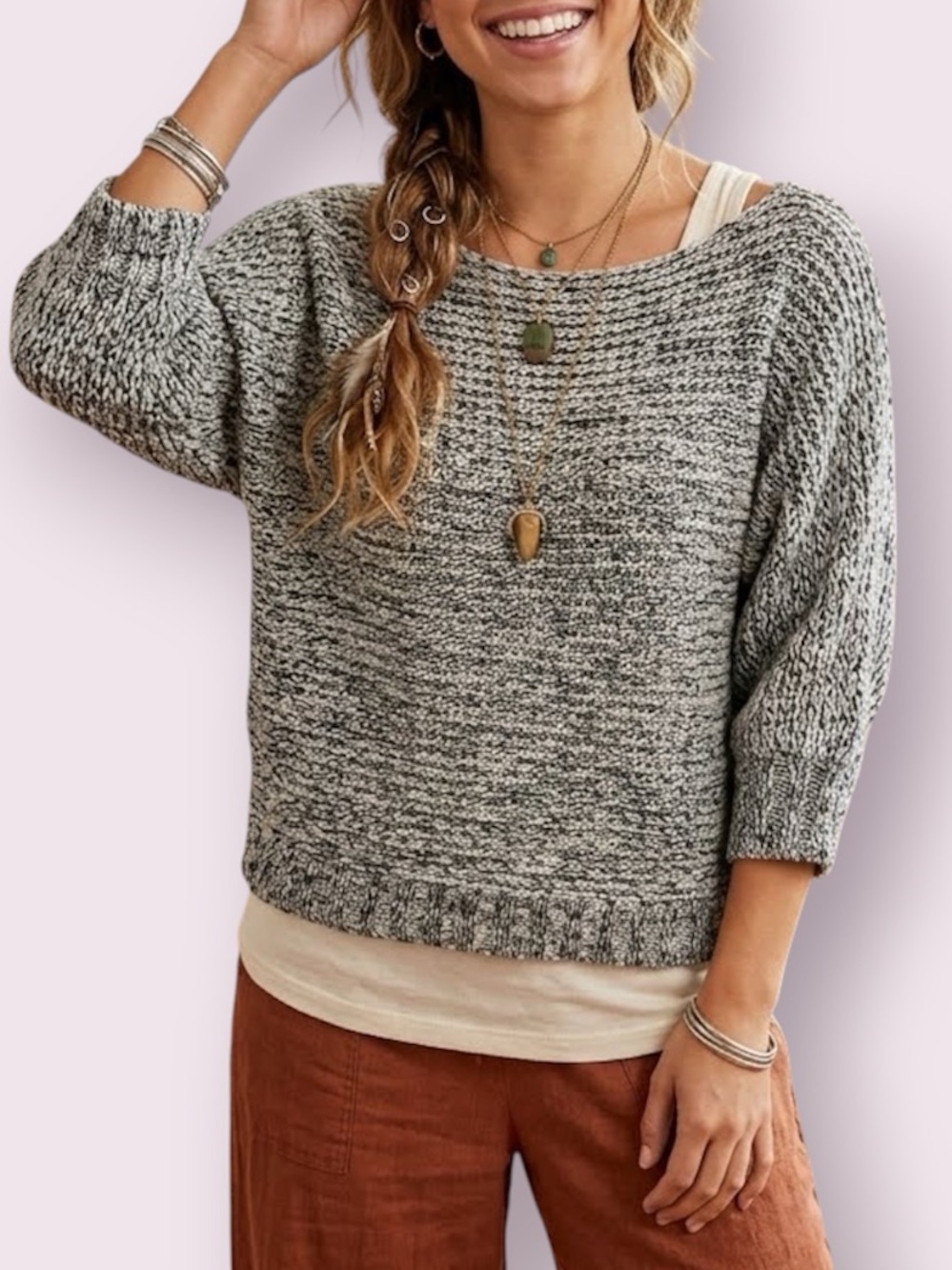 Staring At Stars 3/4 Sleeve Pullover Sweater Black Cream Marled Knit Size Small